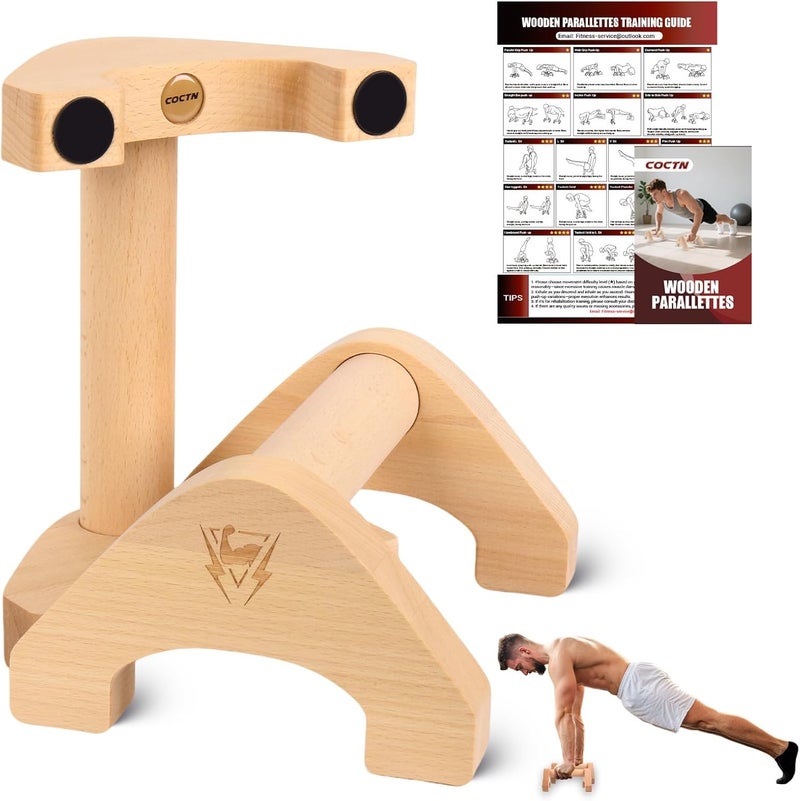 COCTN Wooden Push Up Bars, 2 PCS Solid Beech Wooden Parallettes with Embedded Non-slip Feet & Training Poster for Floor, Push Up Stands for Men Strength Training, Planks, Calisthenics & Home Gym Workout - Image 1
